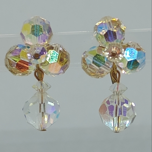 * vintage AB crystal 4 big beads drop dangle clip on earrings - Picture 1 of 5